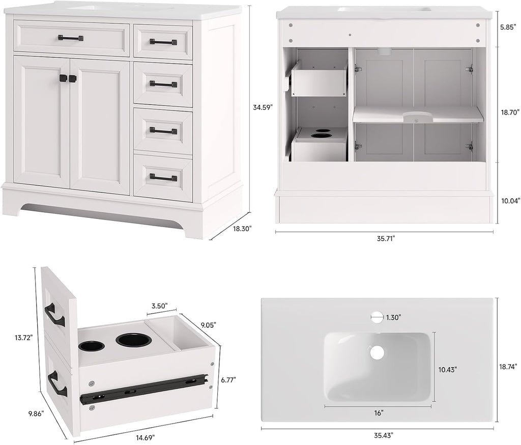 ONBRILL 36' Luxurious Bathroom Vanity with Ceramic Sink, Modern Freestanding Bathroom Single Sink Vanities Cabinet with 2 Soft Closing Doors & 2 Drawers, Adjustable Shelf & Paint Surface (White)