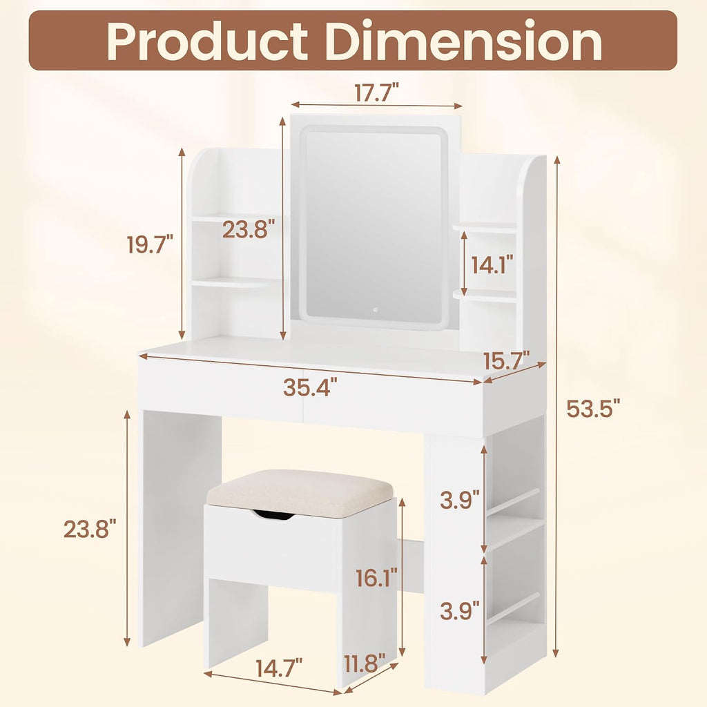 YESHOMY Makeup Vanity, Mirror Jewelry Cabinet, Lockable Swivel Storage Organizer Armoire with LED Light Shelves, White