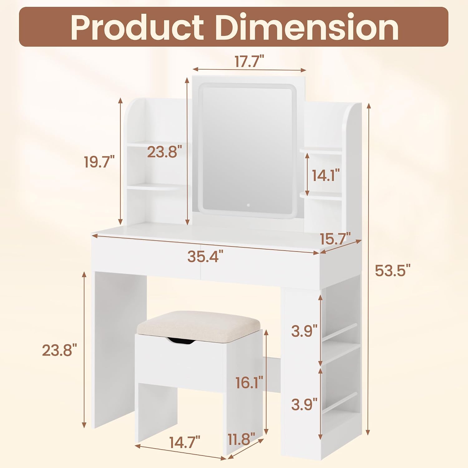 YESHOMY Makeup Vanity, Mirror Jewelry Cabinet, Lockable Swivel Storage Organizer Armoire with LED Light Shelves, White