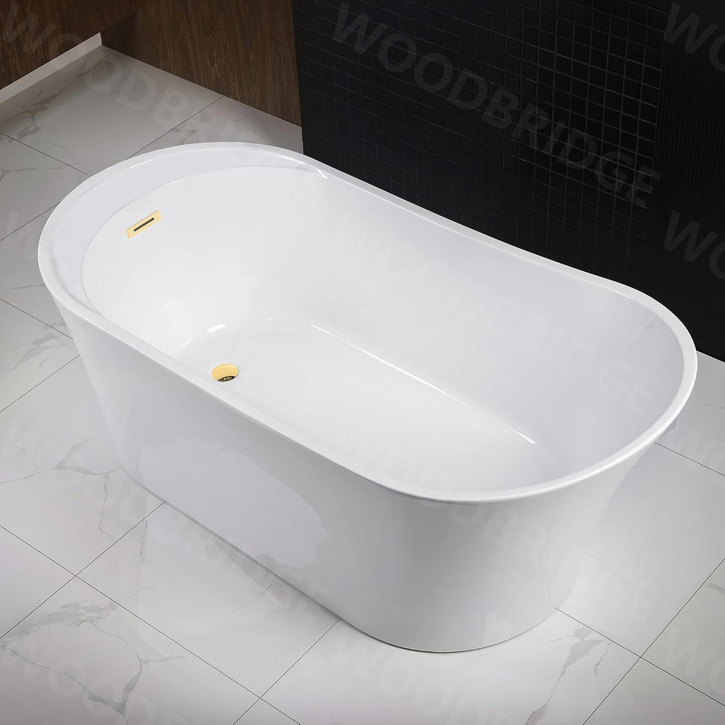 WOODBRIDGE 59' Acrylic Freestanding Bathtub Contemporary Soaking White Tub with Brushed Gold Overflow and Drain，B0083-BG-Drain&O