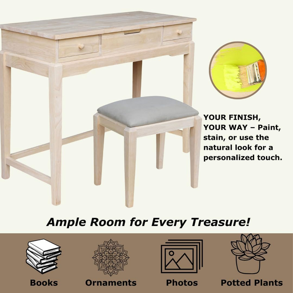 Solid Wood Vanity Table With Bench, Unfinished
