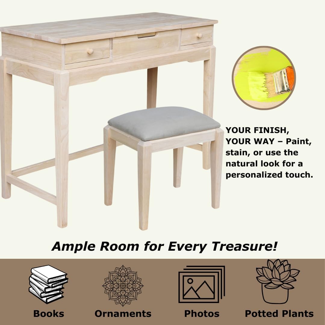 Solid Wood Vanity Table With Bench, Unfinished