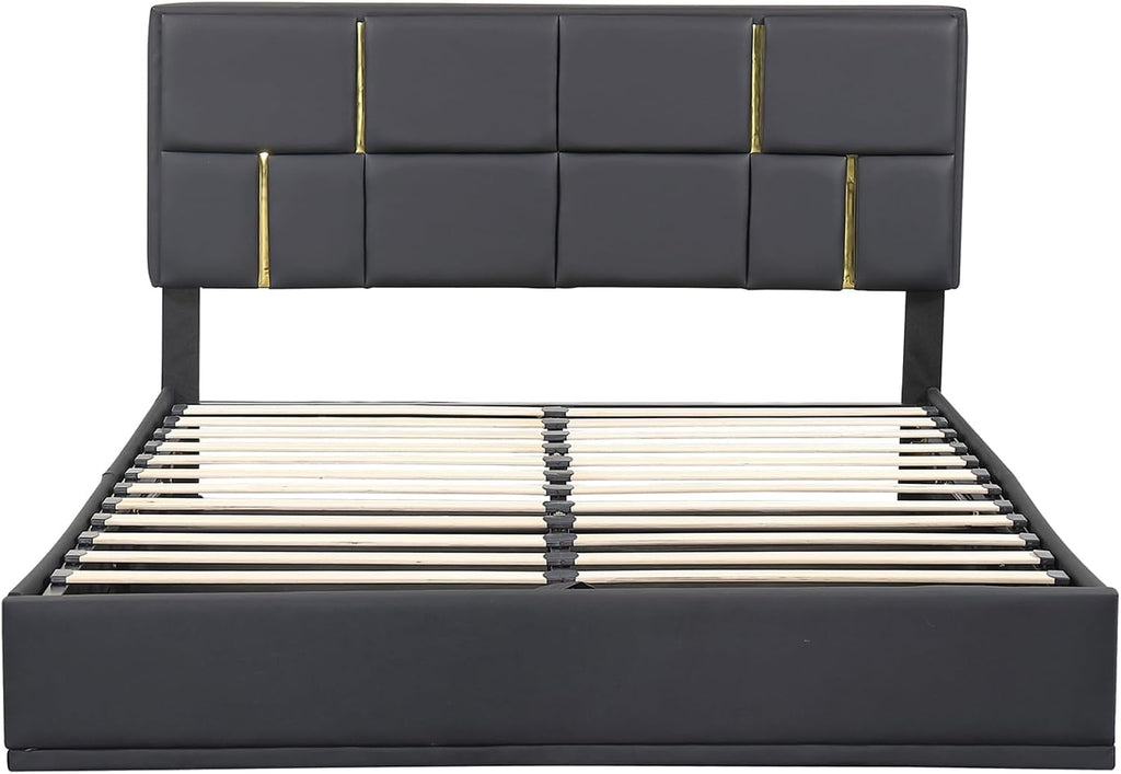 Queen Size Hydraulic Lift Up Storage Bed Frame with Storage Bench, PU Upholstered Platform Beds with Headboard, Two Piece Bedroom Sets, Wooden Slats Support, No Box Spring Needed (Black)