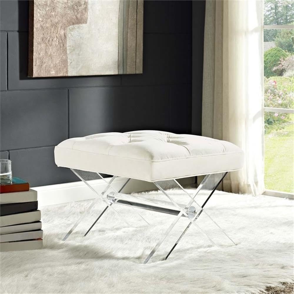 Modway Swift Acrylic X-Base Entryway Modern Bench With Tufted Fabric Upholstery in Ivory