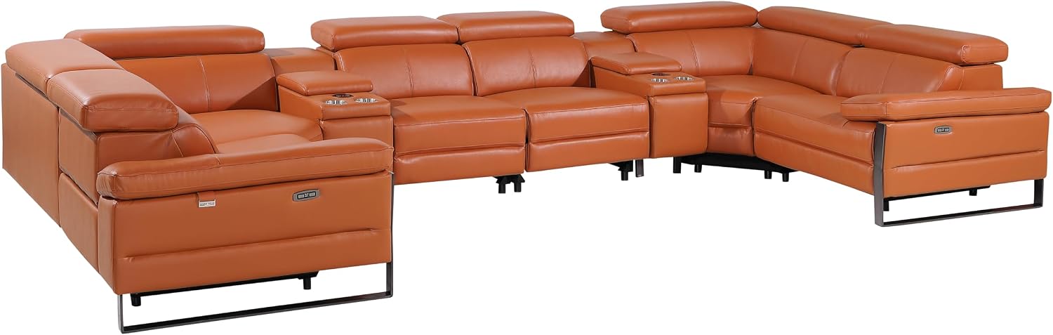 BlackJack Furniture Antonio 8 Piece U Shaped Power Reclining Sectional Sofa, Modular Couch with Top Grain Italian Leather, 4 Electric Recliners, USB & Wireless Chargers, Storage Console, Camel
