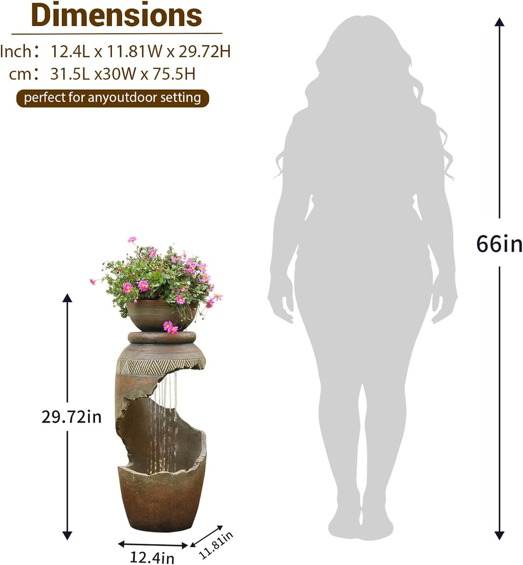 Sunlinua Outdoor Water Fountain with LED Light, Modern Spiral Tiered Outdoor Fountain with Stone Planter Curved Freestanding Waterfall Fountains for Garden Patio Deck Porch