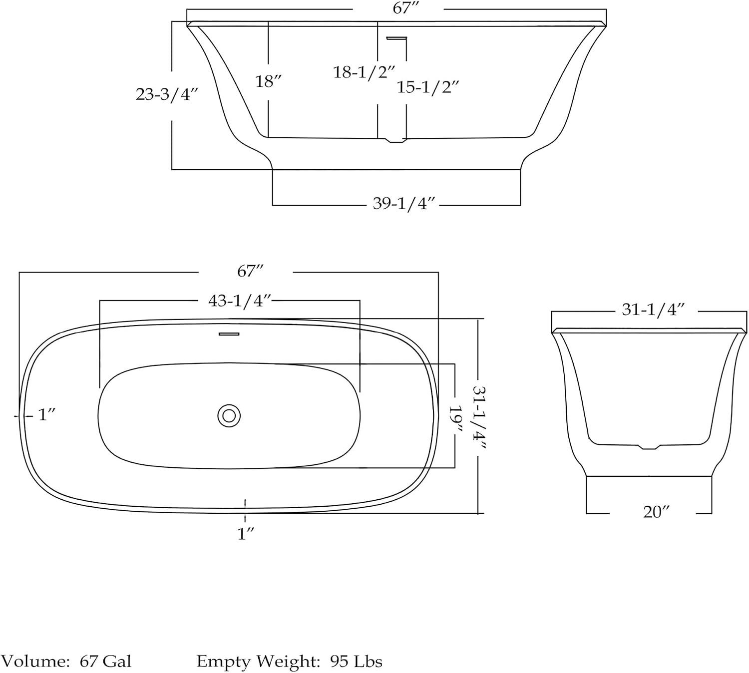 Elegance 67 in. L x 31-1/4 in. W x 23-3/4 in. H Freestanding Acrylic Bathtub, Oil Rubbed Bronze Drain