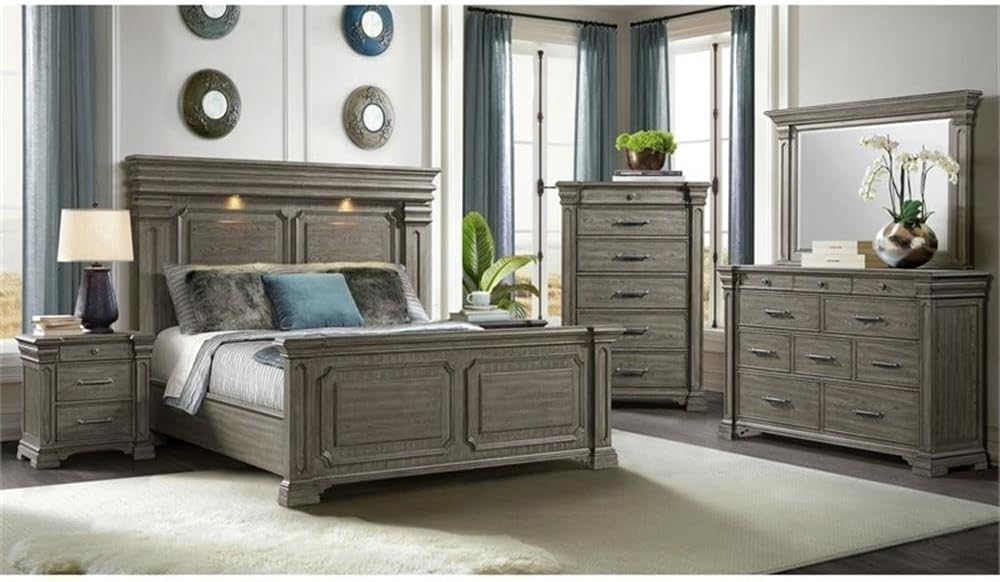 Pemberly Row Transitional Wood King Bedroom Set, Gray Finish, 5-Piece Collection with Mood Lighting Headboard, USB Ports, Hidden Nightstand Storage, Felt-Lined Top Drawers, Cedar Veneer Bottom Drawers