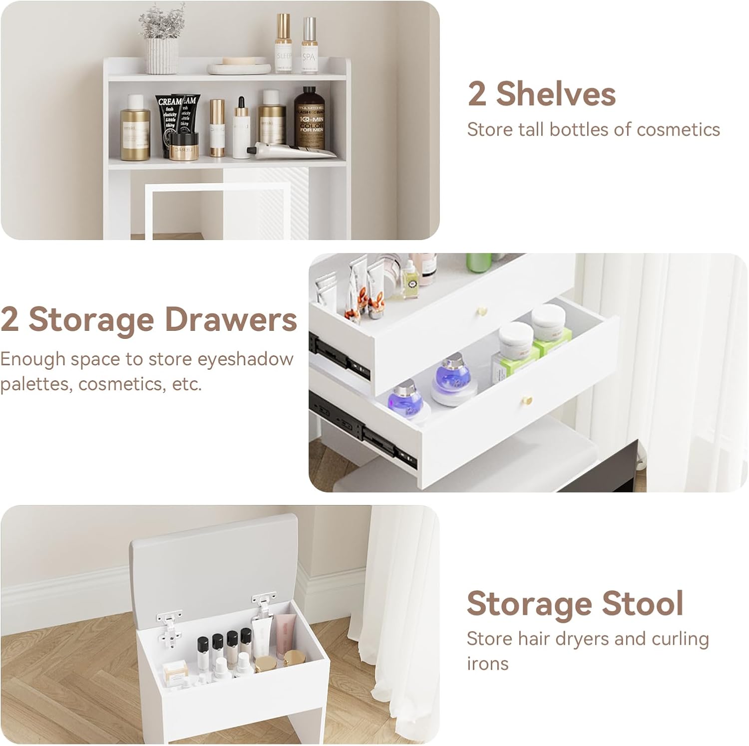 ARTETHYS Small Vanity Desk Set with 3 Adjustable Lighted Mirror and Storage Chair Mini Makeup Vanities Set for Compact Space White Dressing Table with Fold-up Panel for Bedroom