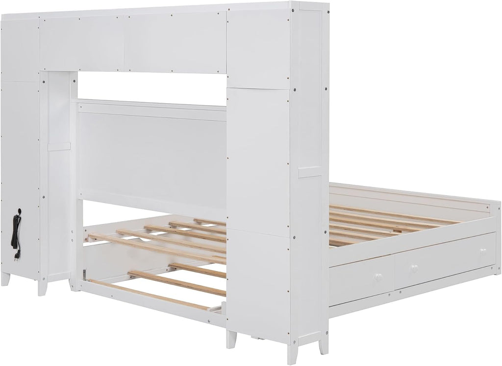Polibi Full Size Bed Frame with Bookcase Headboard,2 Storage Drawers and Trundle,Wooden Platform Bed Full Size with All-in-One Cabinet, Shelf and Sockets,White
