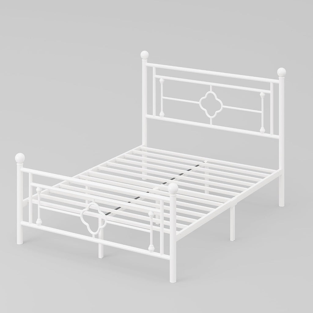 HOOMIC 14 Inch Full Size Metal Platform Bed Frame, Vintage Victorian Style, Wrought Iron Headboard and Footboard/Mattress Foundation for Storage/No Box Spring Required/Easy Assembly/White