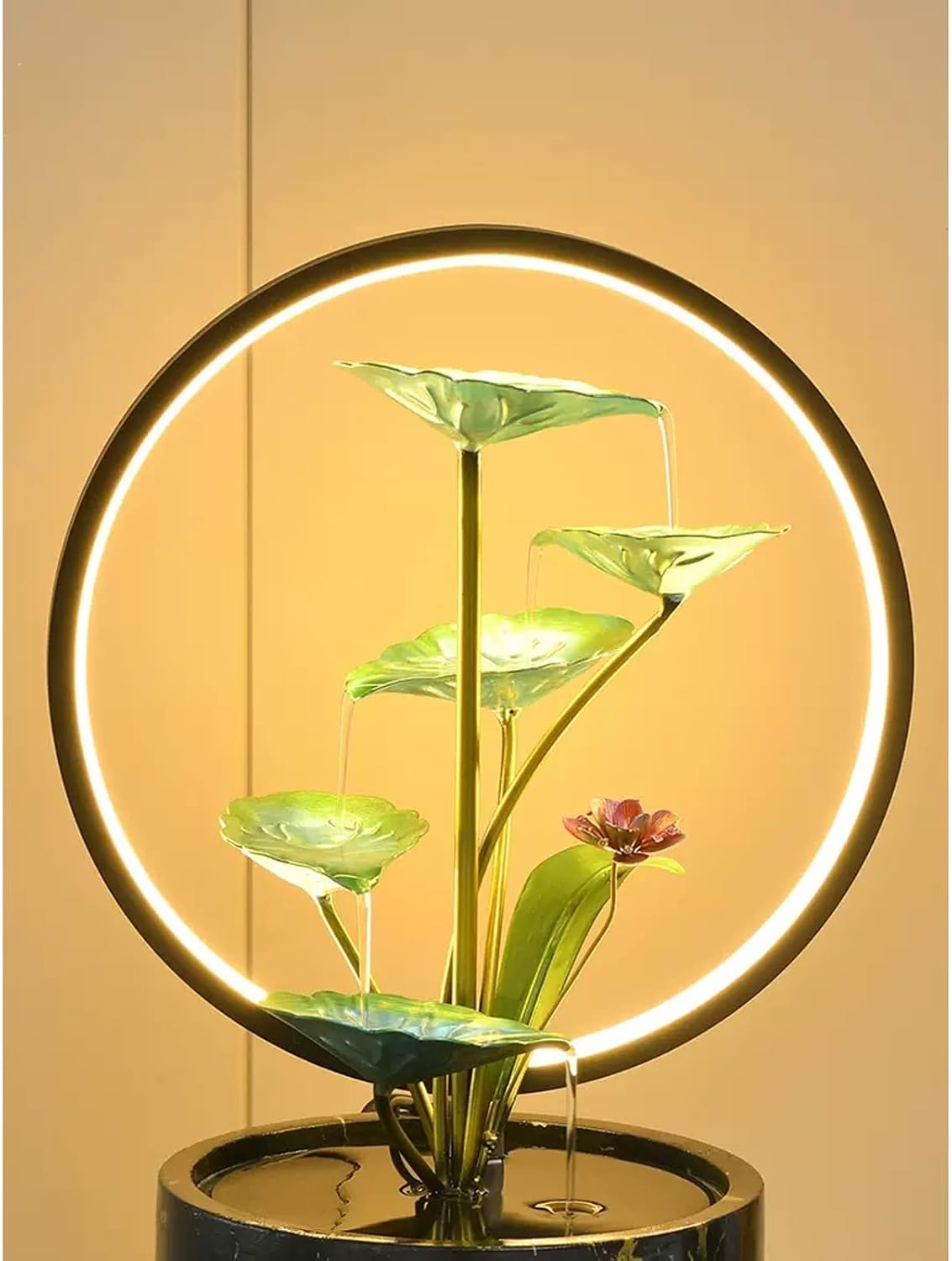 Tabletop Fountain Indoor Water Fountain 5 Tier Lotus Leaf Tabletop Relaxation Waterfall for Room Decoration LED with Round Warm Yellow Scene Light(White)