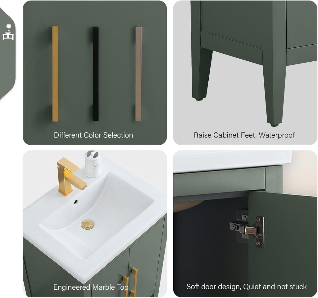 Vanity Art 24 inch Bathroom Vanity with Single Sink & Ceramic Top, Vanity Cabinet with Soft-Closing Doors, Solid Wood Frame, Vintage Green, VA9024-VG-BN1