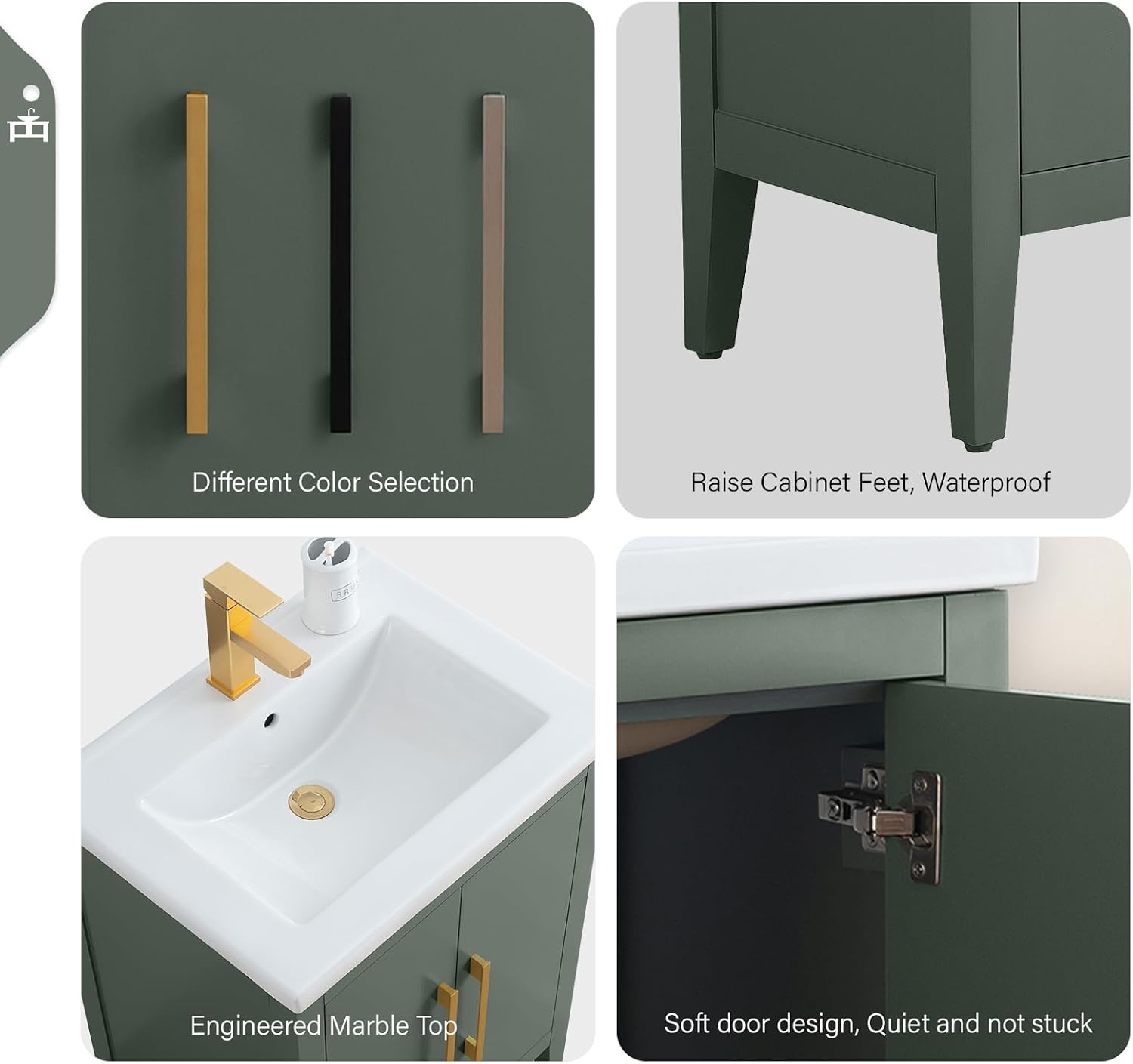 Vanity Art 24 inch Bathroom Vanity with Single Sink & Ceramic Top, Vanity Cabinet with Soft-Closing Doors, Solid Wood Frame, Vintage Green, VA9024-VG-BN1