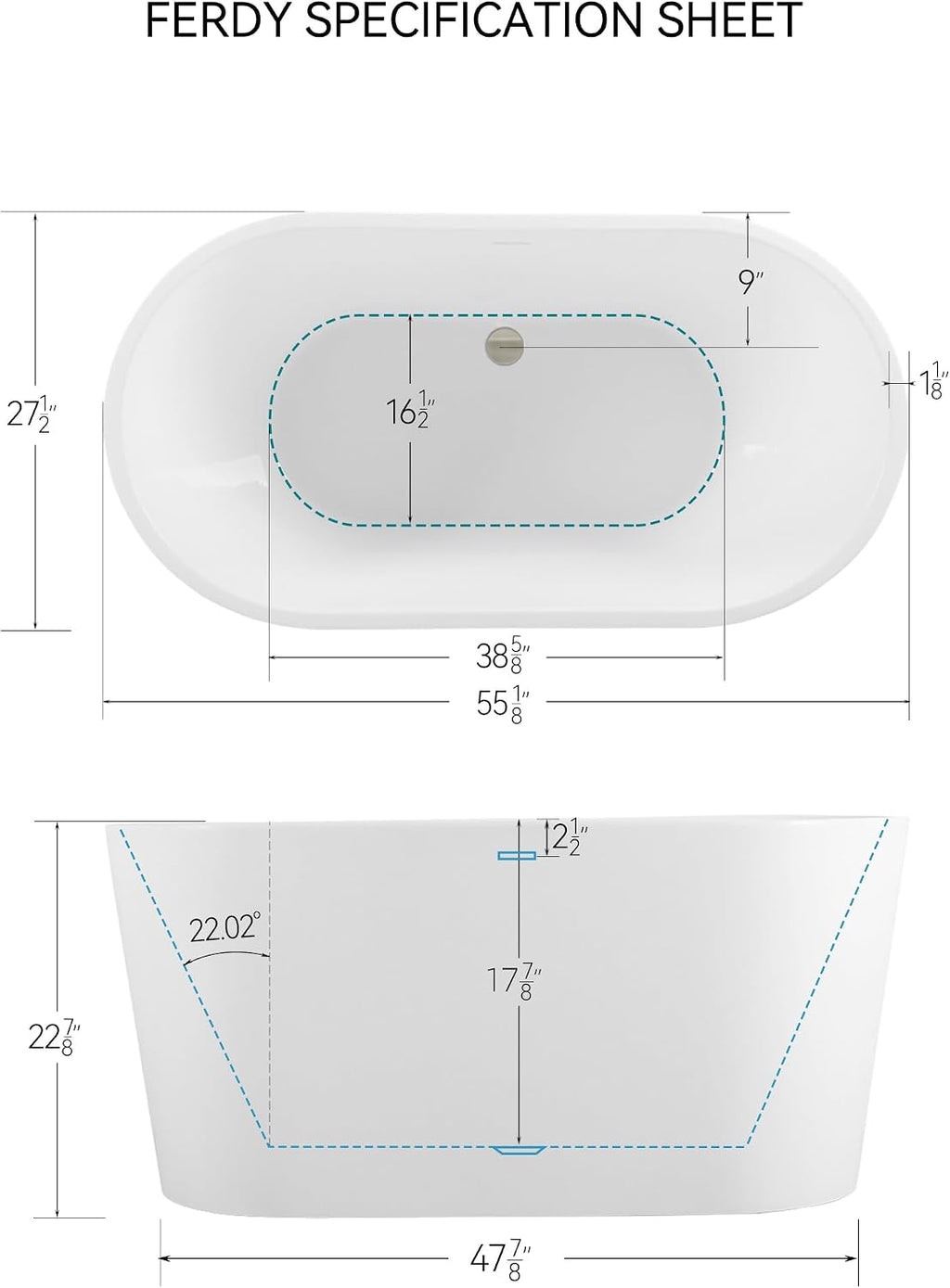 FerdY Shangri-La 55' Acrylic Freestanding Bathtub, Ergonomic Lightweight Classic Oval Soaking Bathtub with Brushed Nickel Drain, Minimalist Linear Design Overflow, Modern White