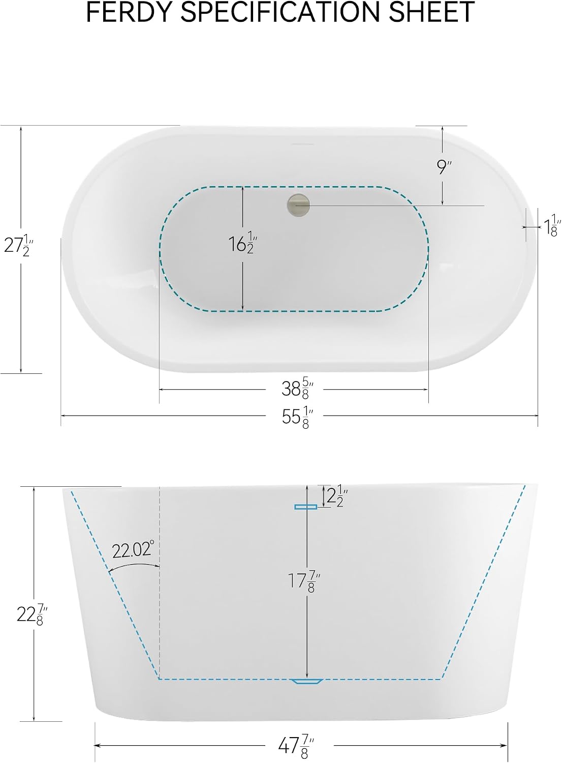 FerdY Shangri-La 55' Acrylic Freestanding Bathtub, Ergonomic Lightweight Classic Oval Soaking Bathtub with Brushed Nickel Drain, Minimalist Linear Design Overflow, Modern White