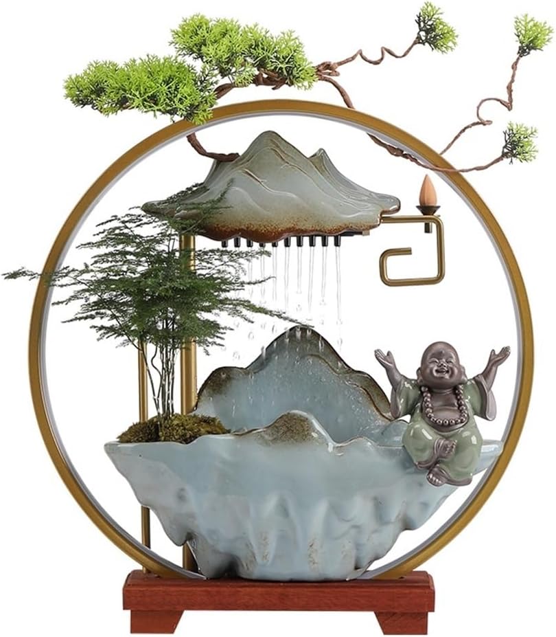 Tabletop Fountain Indoor Waterfall Fountain with LED Light and Incense Holder, Meditation Decoration for Home Office