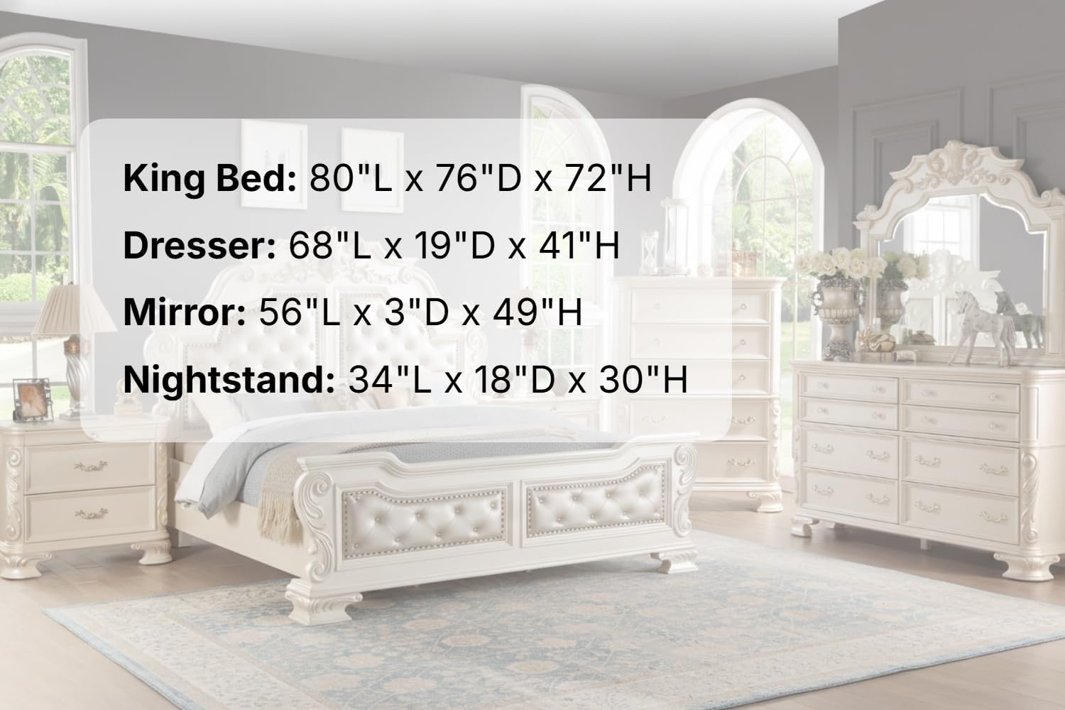 First of a Kind Victoria Off White Traditional 4 Piece King Bedroom Set with Upholstered Tufted Headboard Elegant European Inspired Design Coordinated Furniture Collection