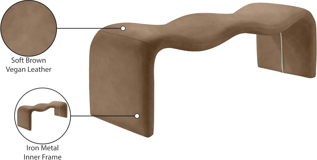 Meridian Furniture 22096Brown Willow Collection Modern | Contemporary Bench with Soft Brown Vegan Leather, Iron Metal Inner Frame, 56.5' W x 18' D x 19' H, Brown