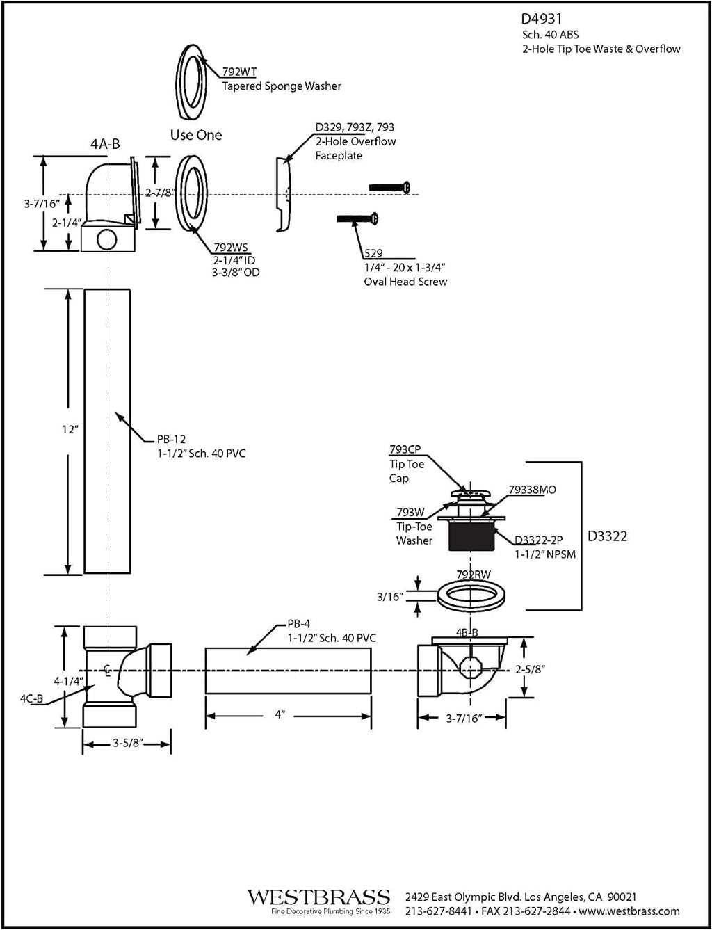 Westbrass D4931-4-12 1-1/2' x 12' Bath Waste & Overflow Assembly with Tip-Toe Drain Plug and 2-Hole Faceplate - Sch. 40 ABS Pipe, Oil Rubbed Bronze (4-Pack)