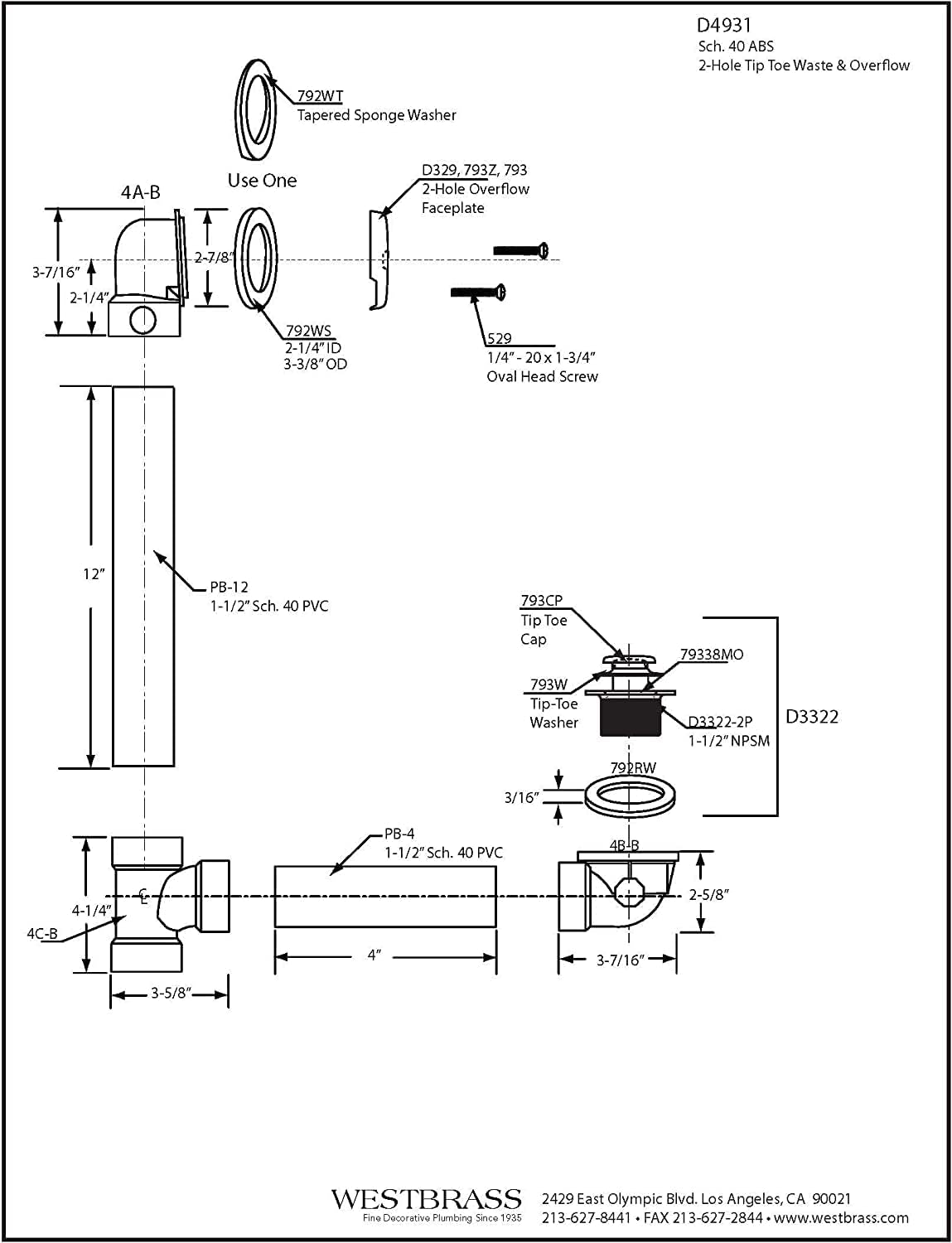 Westbrass D4931-4-12 1-1/2' x 12' Bath Waste & Overflow Assembly with Tip-Toe Drain Plug and 2-Hole Faceplate - Sch. 40 ABS Pipe, Oil Rubbed Bronze (4-Pack)