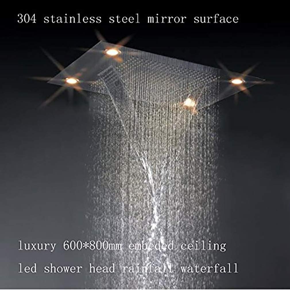 Cascada Classic Design 31 Inch (600mmx800mm) Large Rain Shower Set with Waterfall LED Rectangle recessed ceiling-mount 4 Function shower head, Stainless Steel Polished Finish