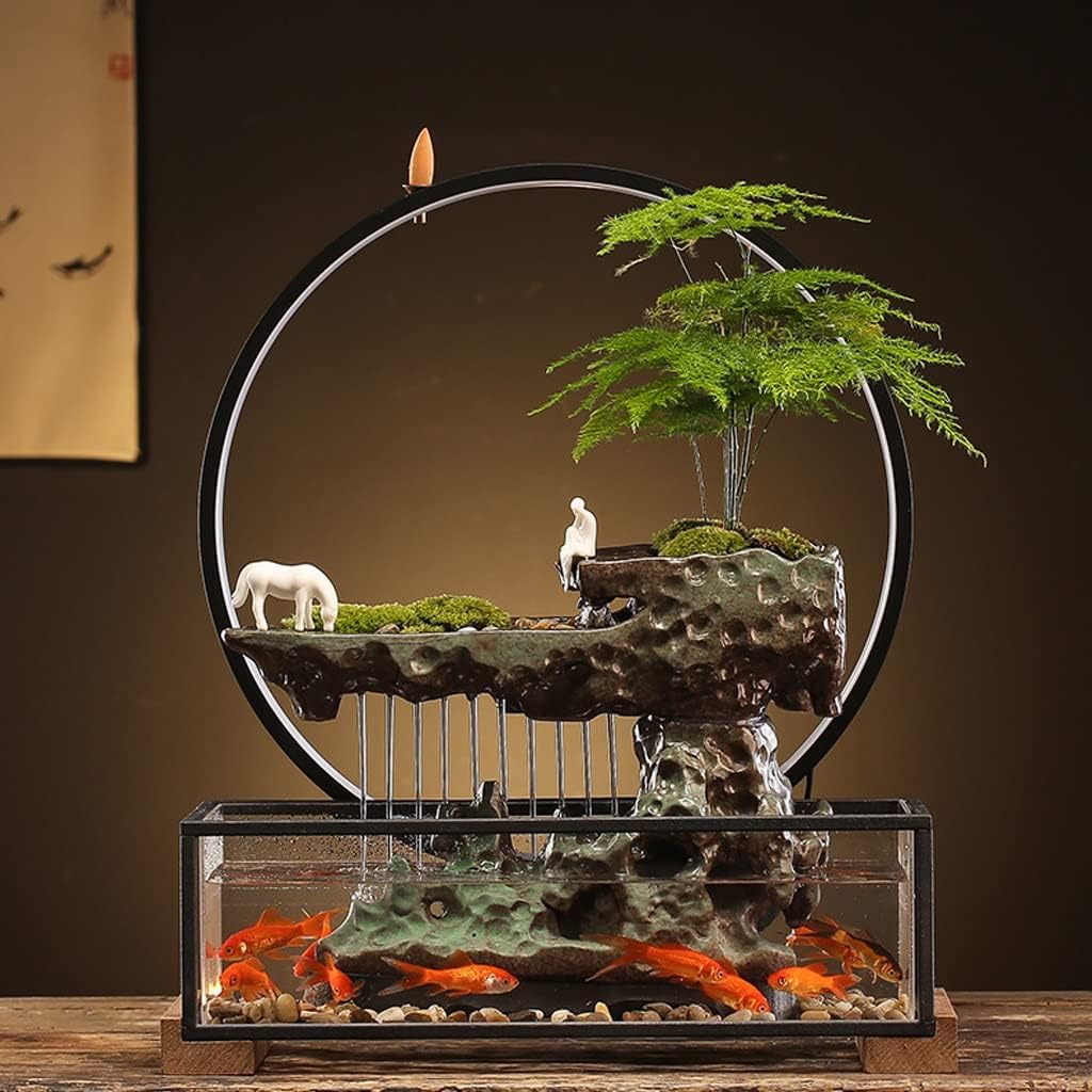 Waterfall Tabletop Fountain Flowing Water Lucky Ornament with Glass Aquarium and Lamp Ring Home Office Tabletop Decoration Indoor Fountain (Color : B)