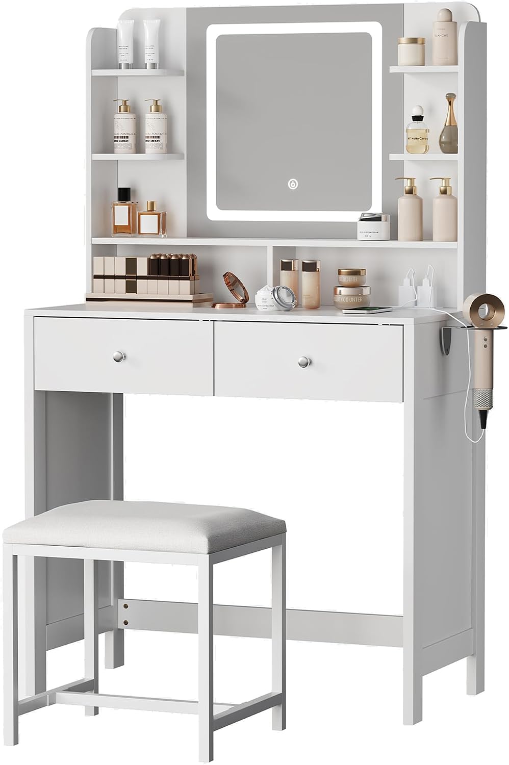 White Vanity with Lighted Mirror, 8 Shelves, 2 Drawers, Charging Station, Hair Dryer Holder & Stool, LED Mirror with 3 Light Modes