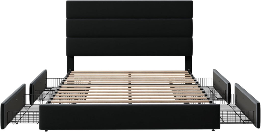Allewie Modern Full Size Platform Bed Frame with 4 Storage Drawers and Velvet Upholstered Headboard, Wooden Slats Support, Upholstered Mattress Foundation/No Box Spring Needed/Easy Assembly, Black