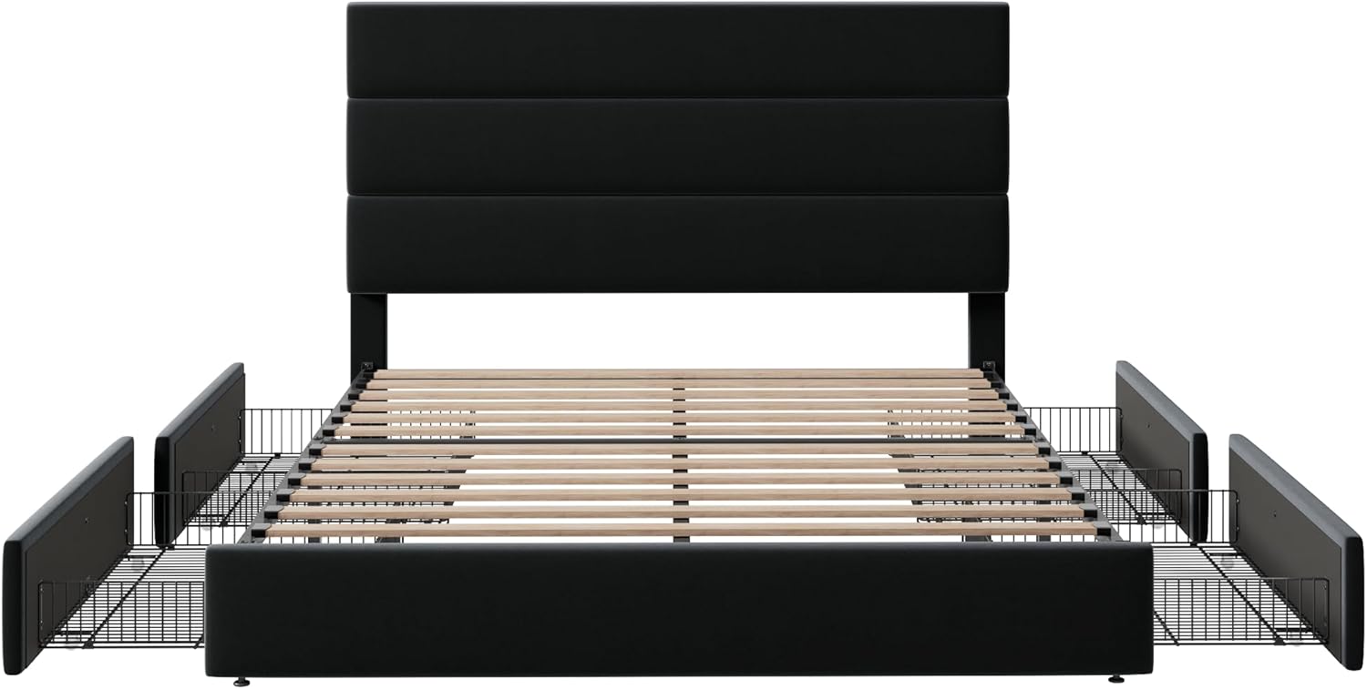 Allewie Modern Full Size Platform Bed Frame with 4 Storage Drawers and Velvet Upholstered Headboard, Wooden Slats Support, Upholstered Mattress Foundation/No Box Spring Needed/Easy Assembly, Black