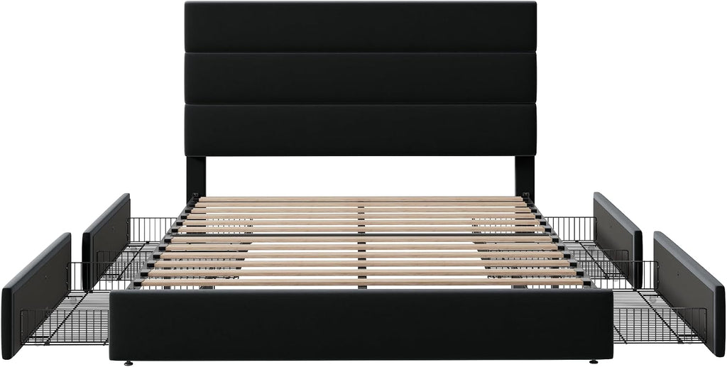 Allewie Modern Queen Size Platform Bed Frame with 4 Storage Drawers and Velvet Upholstered Headboard, Wooden Slats Support, Upholstered Mattress Foundation/No Box Spring Needed/Easy Assembly, Black
