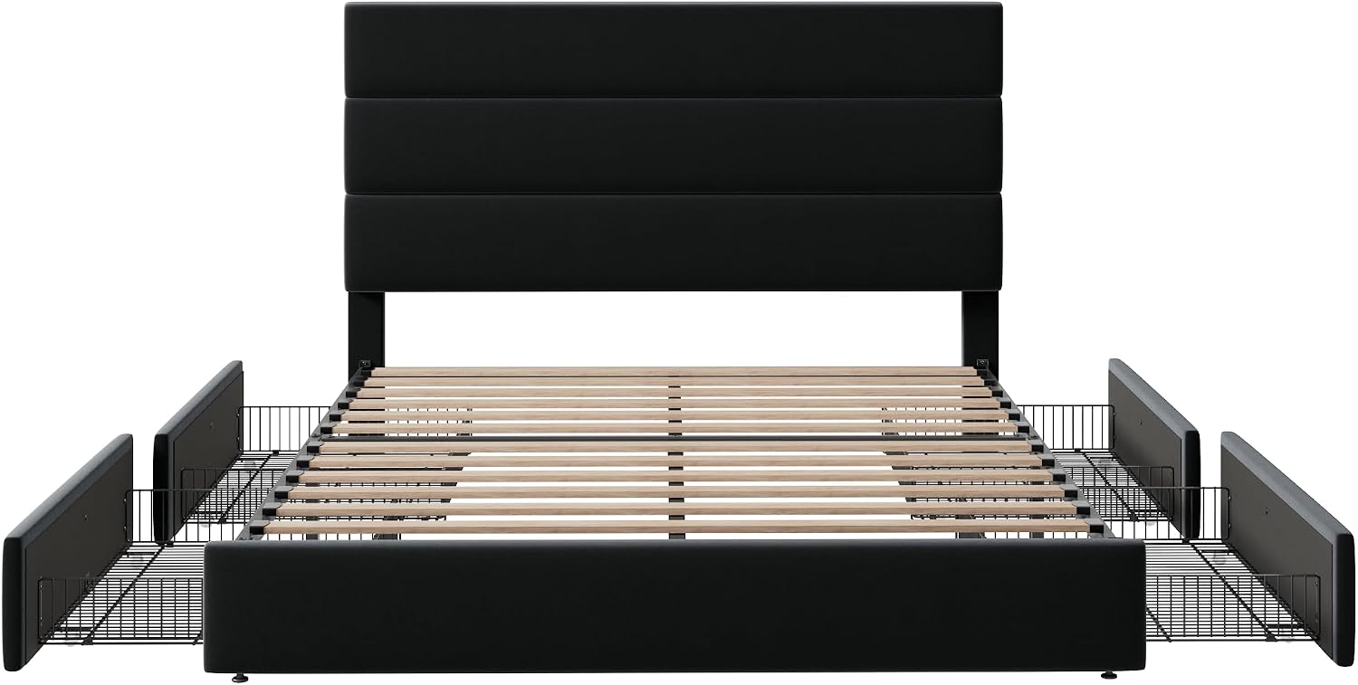 Allewie Modern Queen Size Platform Bed Frame with 4 Storage Drawers and Velvet Upholstered Headboard, Wooden Slats Support, Upholstered Mattress Foundation/No Box Spring Needed/Easy Assembly, Black