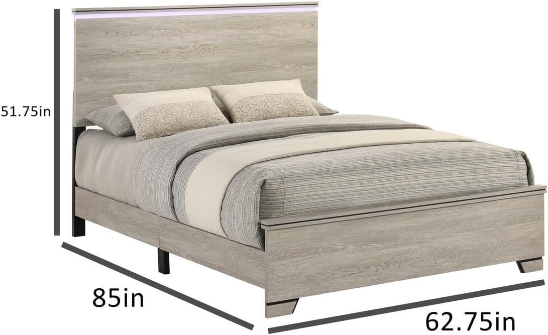 Best Quality Furniture Rustic Gray Beige Wood Queen Panel Bed Frame with LED Headboard