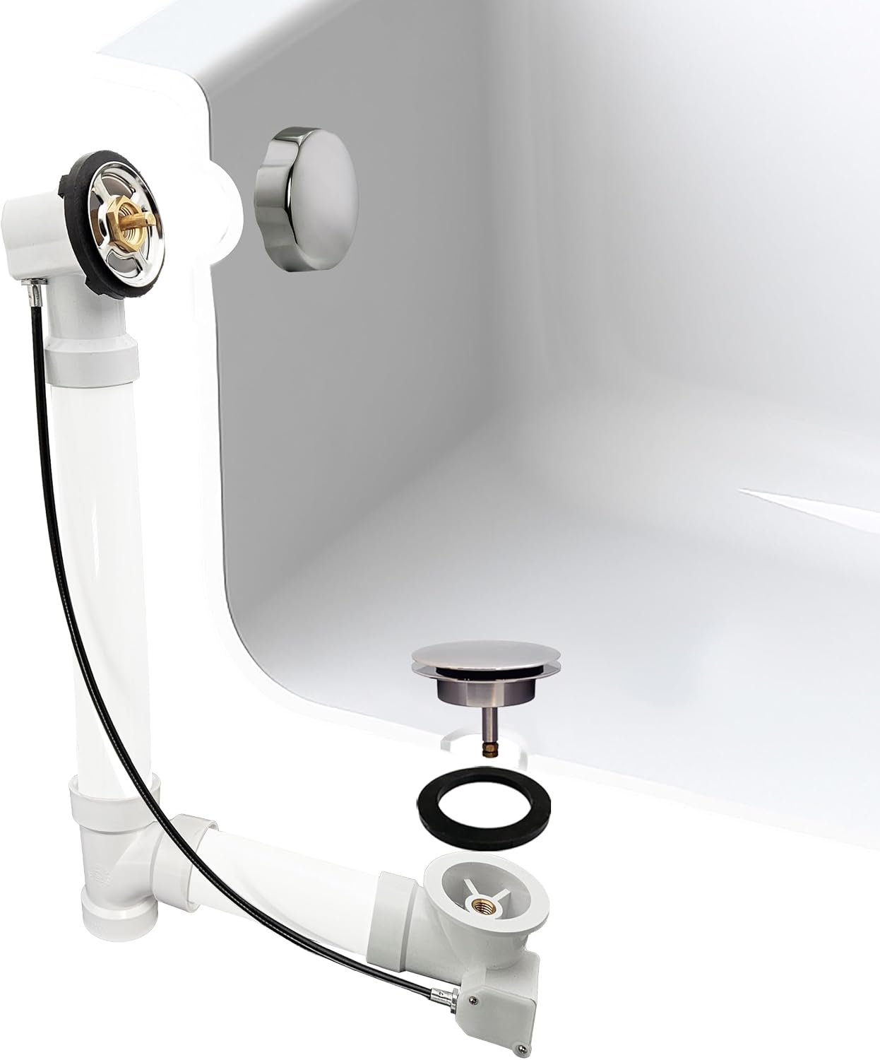 Westbrass A50P45-05 45' SCH. 40 PVC Cable Driven Bath Drain Trim Kit with Rotary Overflow Cover Knob and Pop-Up Stopper, Polished Nickel