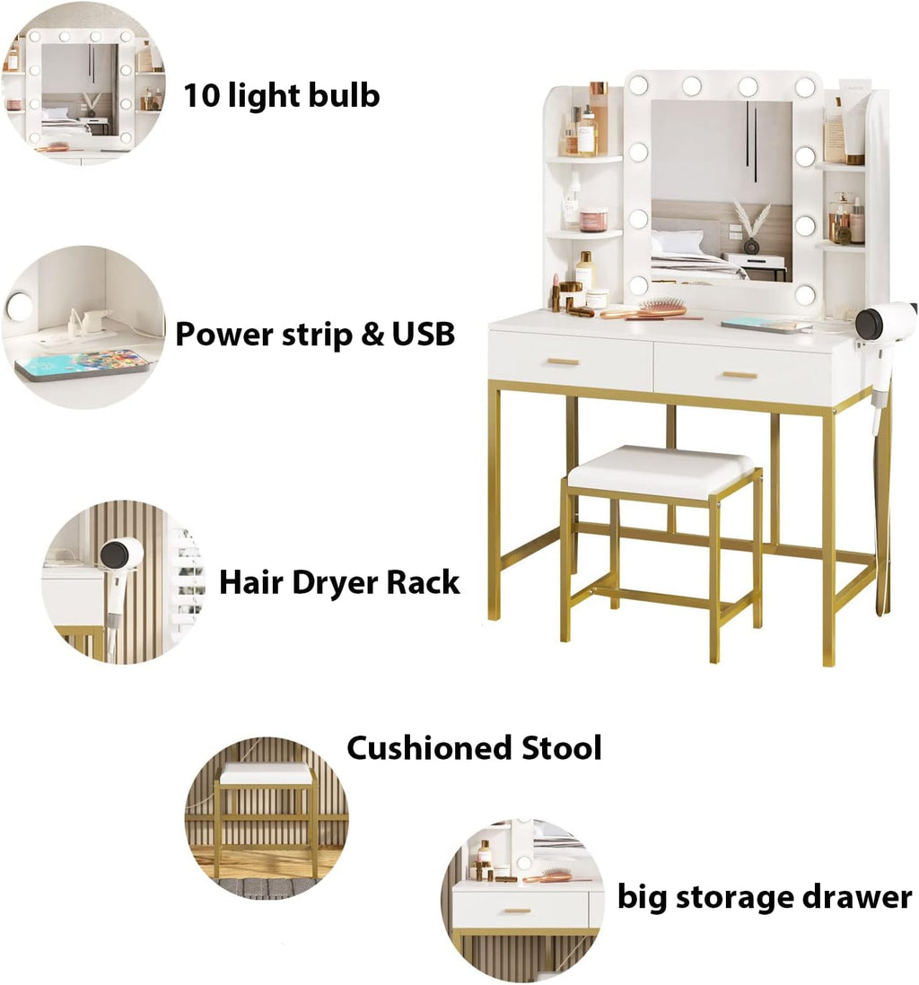 Vabches Vanity Desk with Mirror and 10 Led Lights, with Charging Station,Makeup Vanity Table Set with Lighted Mirror, with 3 Lighting Modes and 2 Drawers&Cushioned Stool for Bedroom
