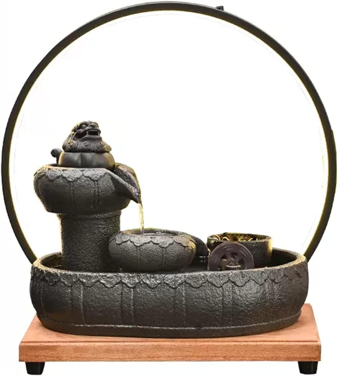 Desktop Fountain Ceramic Tabletop Fountain with Wooden Base and LED Light Ring Indoor for Home Decoration Table Desk Office Patio