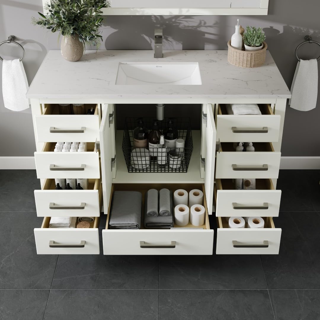 Eviva London 48 White Bath Vanity - Freestanding Countertop Quartz - Single Sink Bathroom Vanity with Porcelain Sink Combo