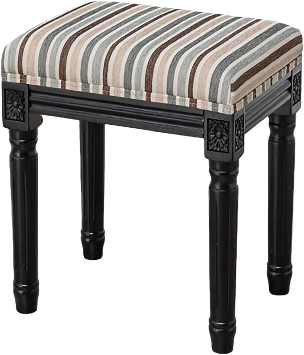 Upholstered Vanity Stool with Carved Dressing Makeup Bench with Solid Wood Legs Multi-Functional and Comfy Retro Bench Piano Seat for Bedroom, Bathroom, Vanity Table,Stripes