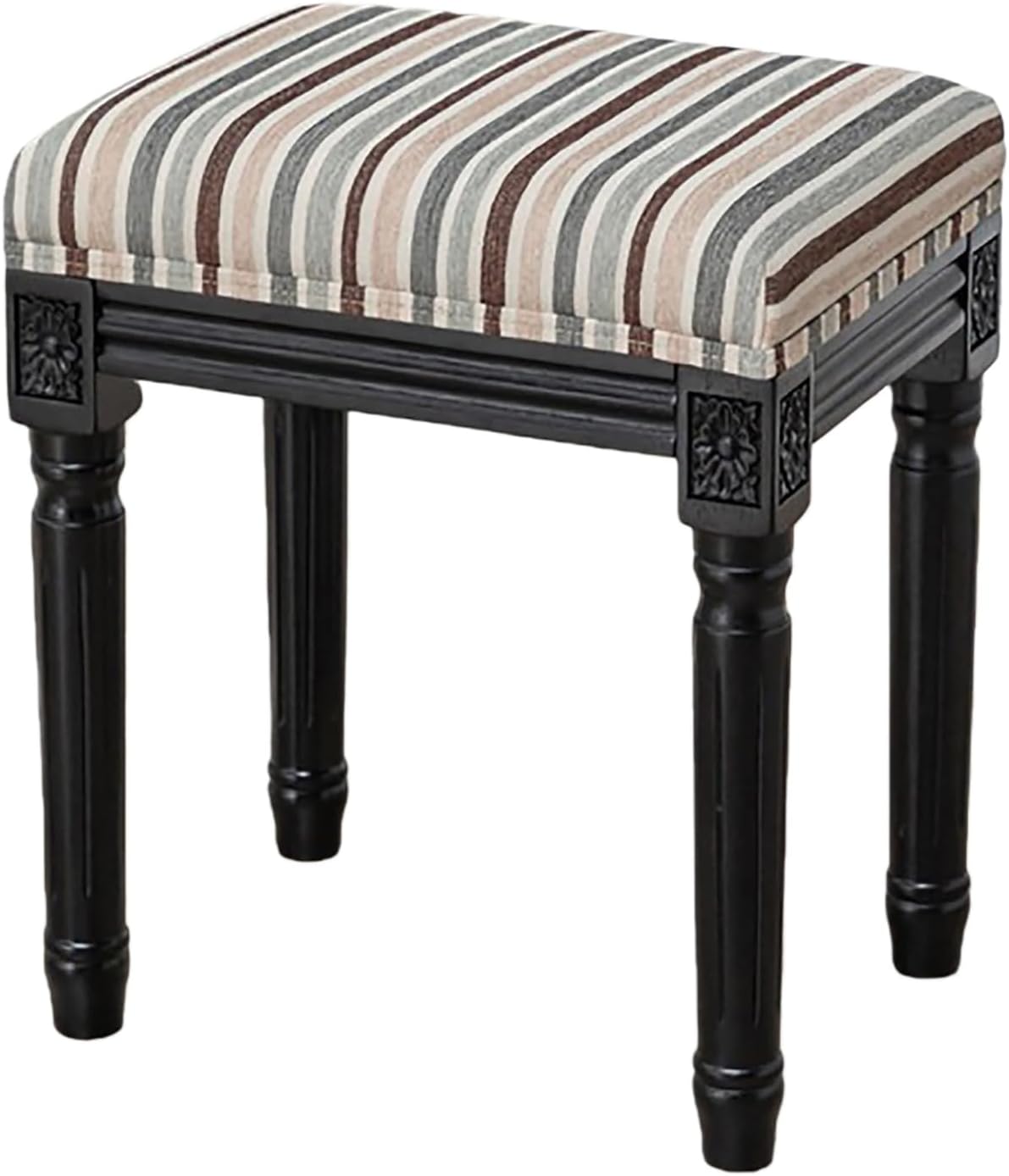 Upholstered Vanity Stool with Carved Dressing Makeup Bench with Solid Wood Legs Multi-Functional and Comfy Retro Bench Piano Seat for Bedroom, Bathroom, Vanity Table,Stripes