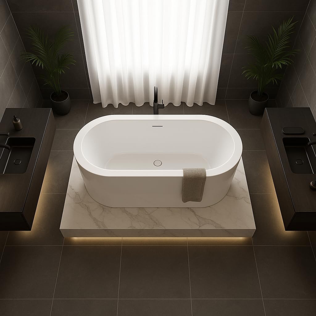 Carver Tubs - Vitality 59' - Modern White Freestanding Soaking Bathtub, With Oil Rubbed Bronze Center Drain - Classic Oval Acrylic Fiberglass Bath Tub - Deep Relaxing Soak - 59' L x 31.5' W x 23' H