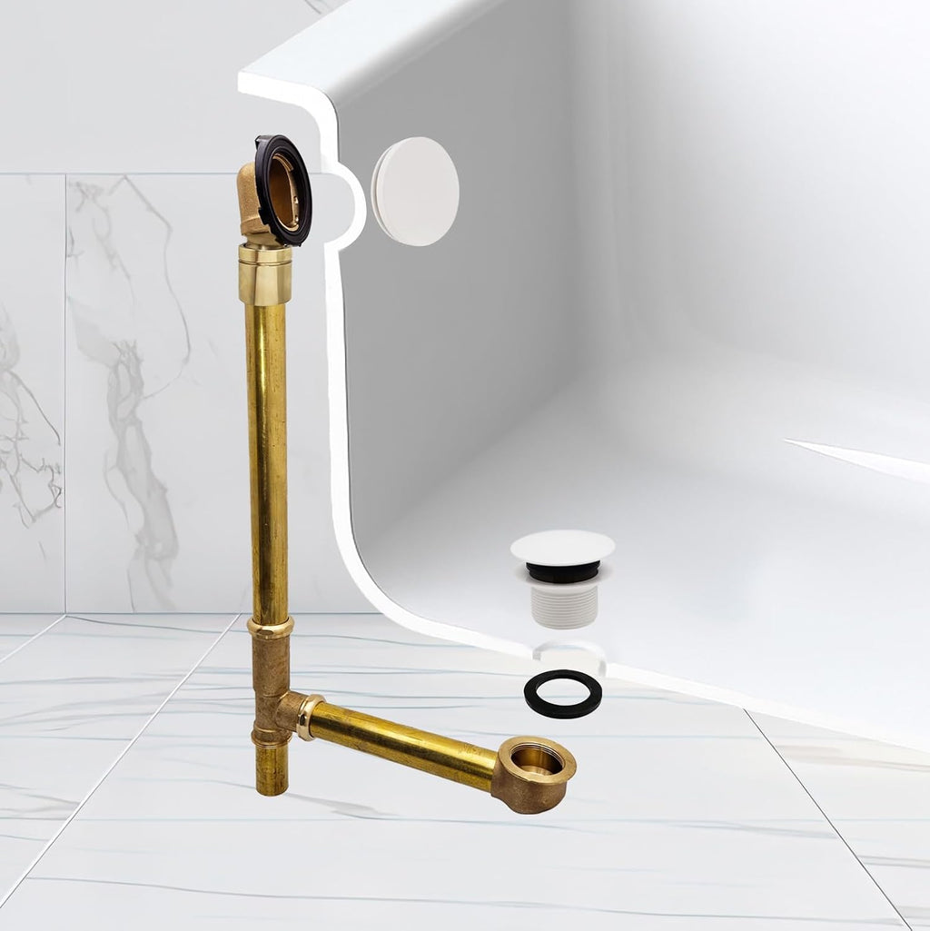 Westbrass A326HBJ-50 25' Brass Bath Waste & Overflow Assembly with European Tip-Toe Drain Plug and Illusionary Faceplate, Powder Coat White