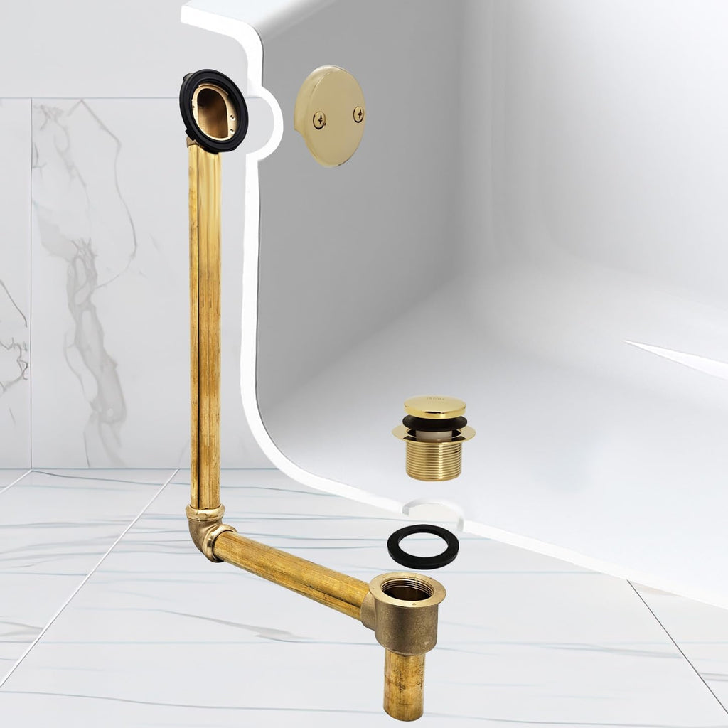 Westbrass 18' Tip-Toe Drain Trim with 2-Hole Overflow Faceplate & Direct Connect Shoe Outlet, Polished Brass, 7931817-DC-01