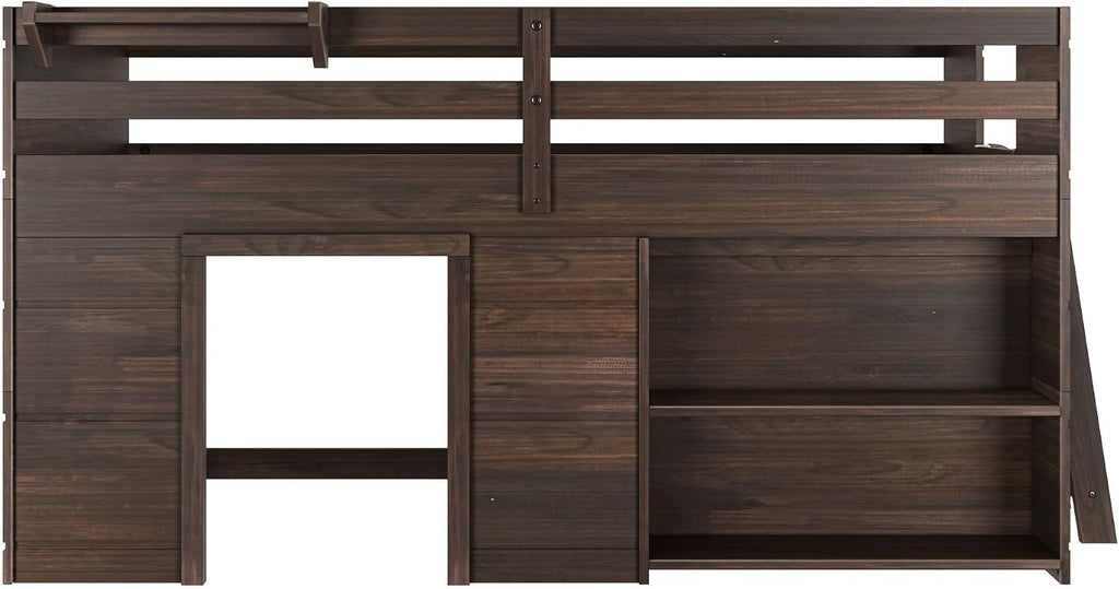 Max & Lily Modern Farmhouse Low Loft (Twin), with Bookcase, Barnwood Brown