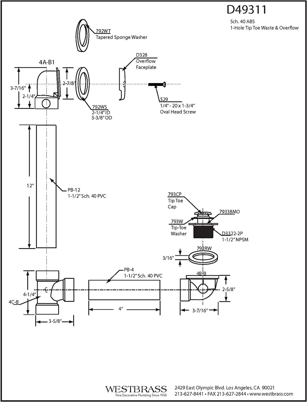 Westbrass D49311-4-12 1-1/2' x 12' Bath Waste & Overflow Assembly with Tip-Toe Drain Plug and One-Hole Faceplate-SCH. 40 ABS Pipe, 4-Pack, Oil Rubbed Bronze, 4 Count