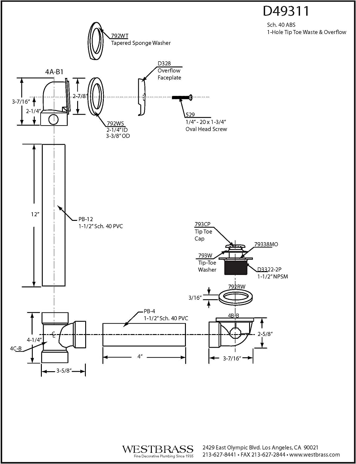 Westbrass D49311-12-12 1-1/2' x 12' Bath Waste & Overflow Assembly with Tip-Toe Drain Plug and One-Hole Faceplate-SCH. 40 ABS Pipe, 12-Pack, Oil Rubbed Bronze