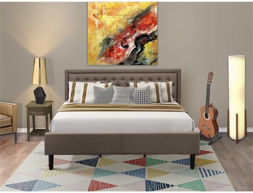 East West Furniture KD18K-1DE07 2 Piece Bed Set - 1 Bed frame Brown Linen Fabric Padded and Button Tufted Headboard with 1 Wooden Night Stand - Distressed Jacobean Finish Nightstand