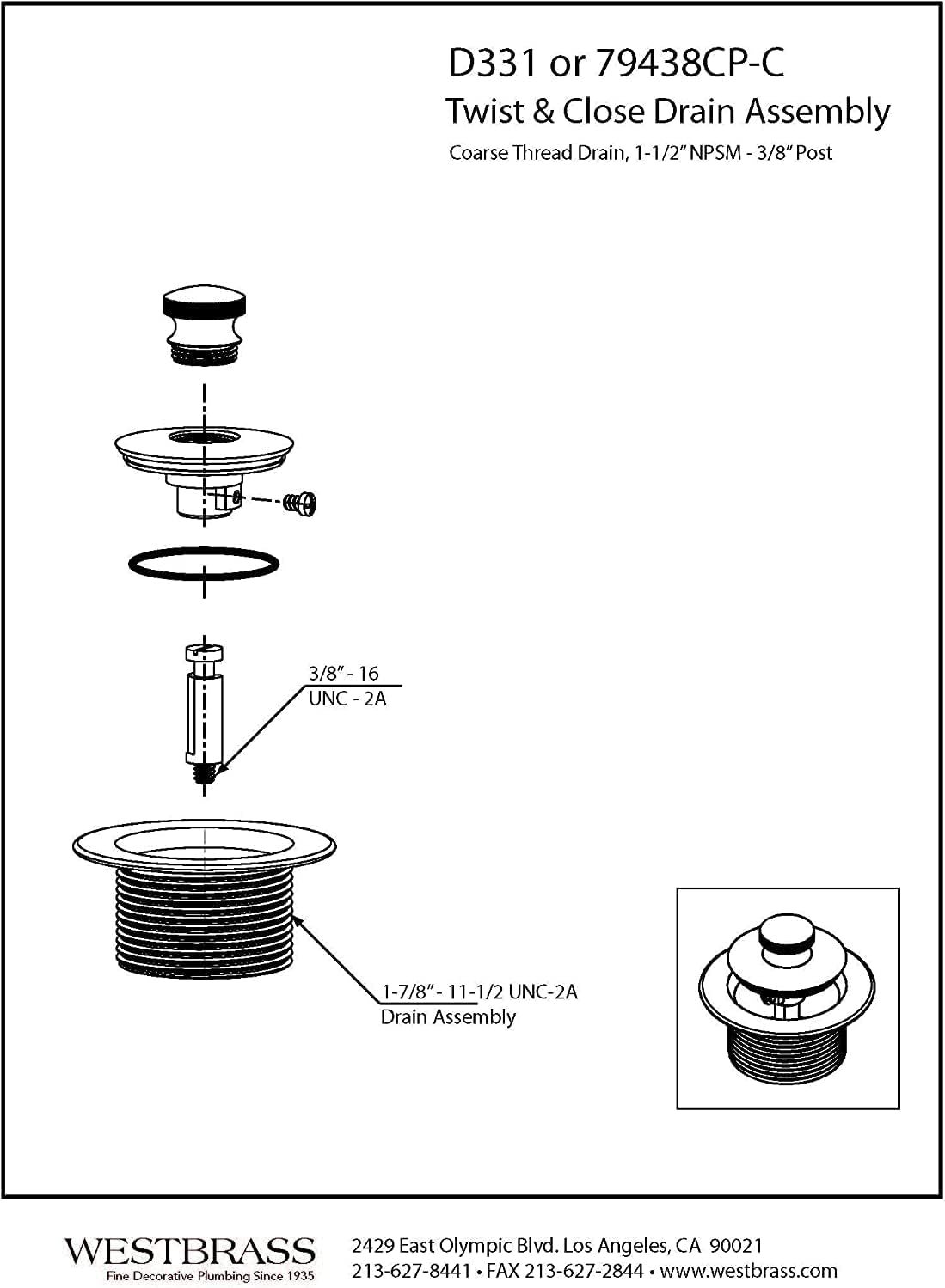 Westbrass 22-1/2' Twist & Close Bath Waste & Overflow with No-Hole Faceplate, Satin Nickel, D3221HK-07