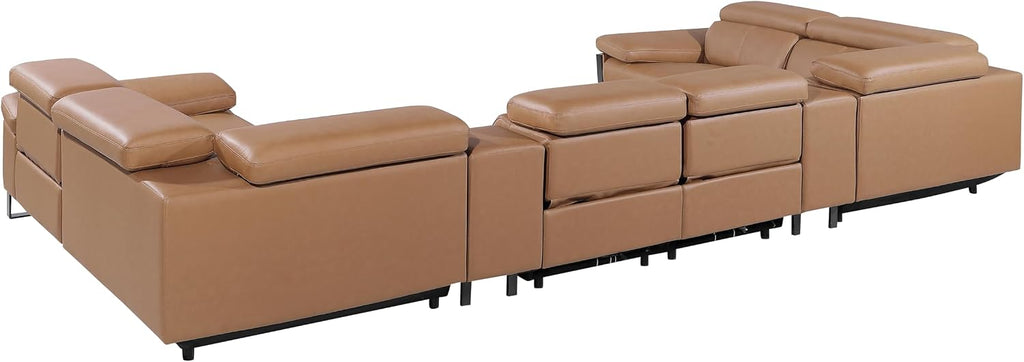 BlackJack Furniture Antonio 8 Piece U Shaped Power Reclining Sectional Sofa, Modular Couch with Top Grain Italian Leather, 4 Electric Recliners, USB & Wireless Chargers, Storage Console, Cognac