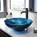 Vessel Sink 16.5' Bathroom Sinks Tempered Glass Blue Art Basin Round Bowl with Faucet Combo Blue,Modern Countertop Bowl Sink for Lavatory Vanity Cabinet