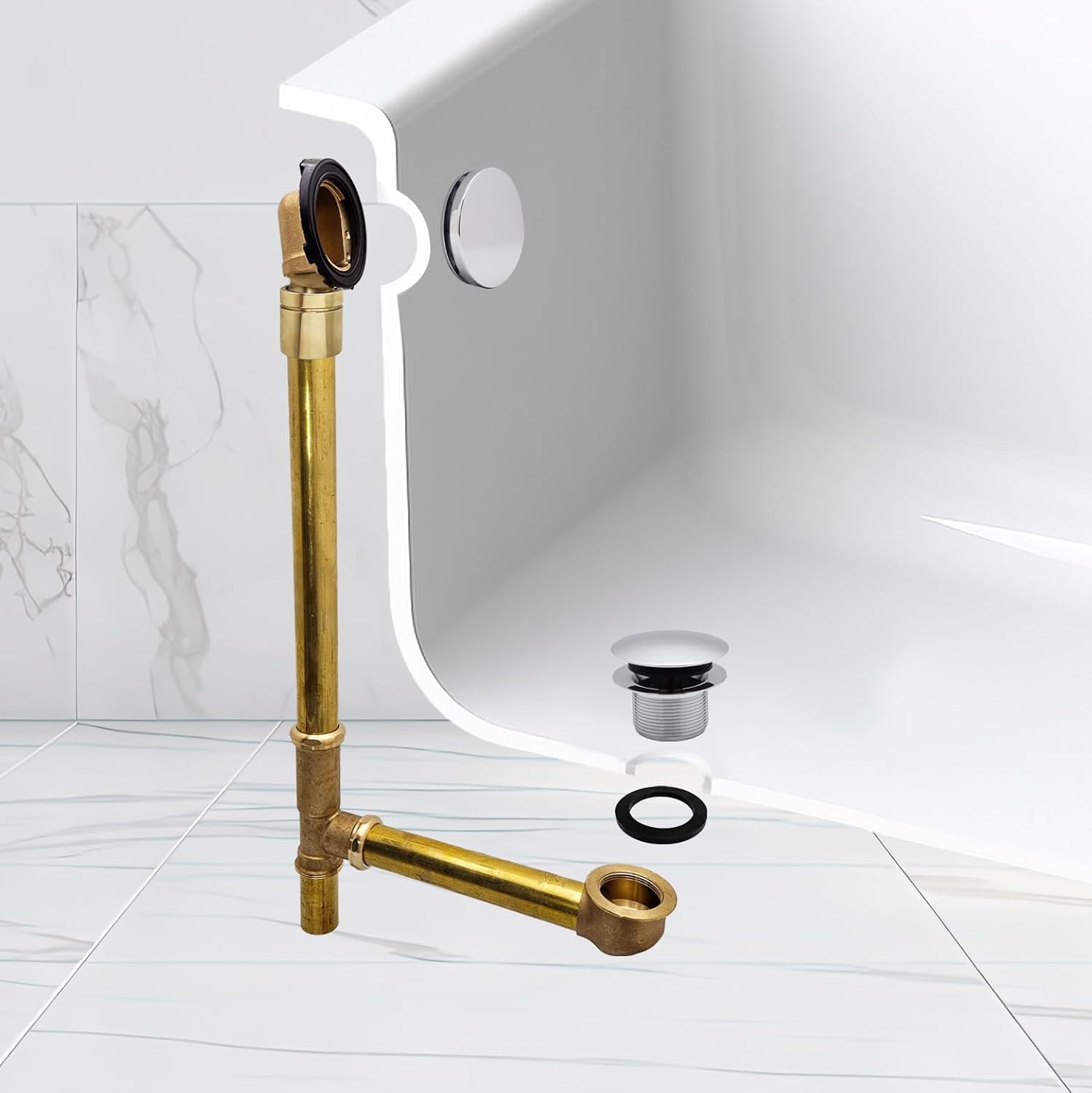 Westbrass A326HBJ-26 25' Brass Bath Waste & Overflow Assembly with European Tip-Toe Drain Plug and Illusionary Faceplate, Polished Chrome